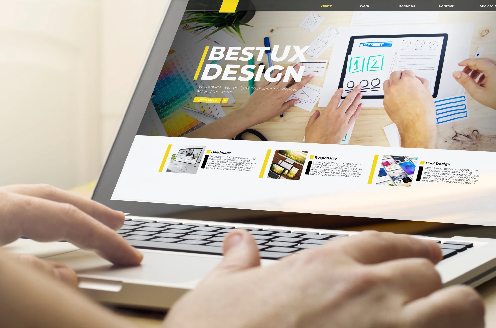 Person browsing a UX web design portfolio on a laptop, showcasing KMP Digital Media's professional web design and development services for every industry