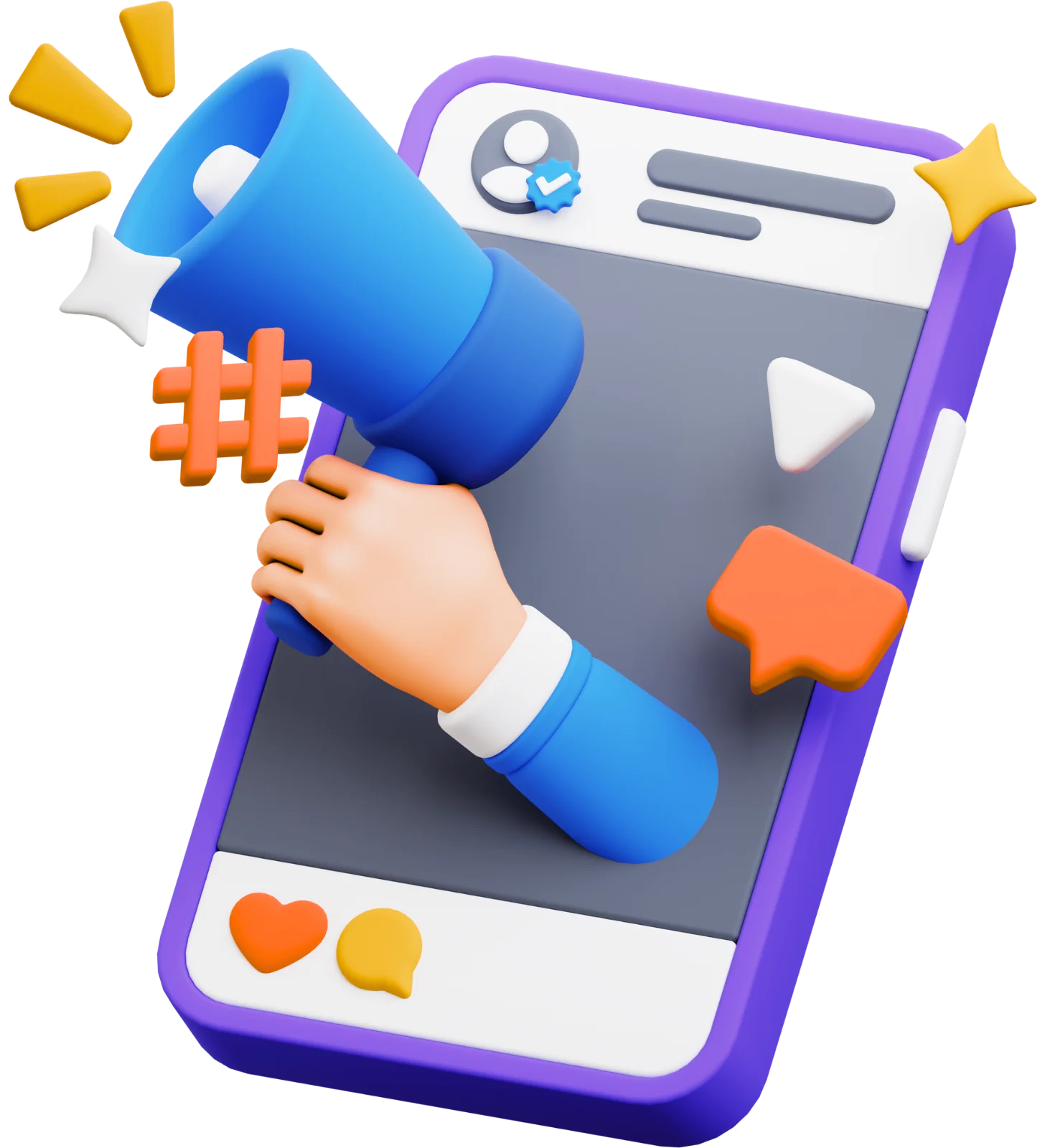 3D illustration of a hand holding a megaphone out of a smartphone screen with social media icons including hashtags, likes, and comments, representing KMP Digital Media's social media management services for brand growth