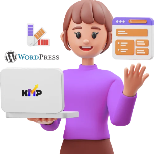 3D illustration of a web designer holding a laptop with WordPress and website layout icons, representing KMP Digital Media's custom web design and development services