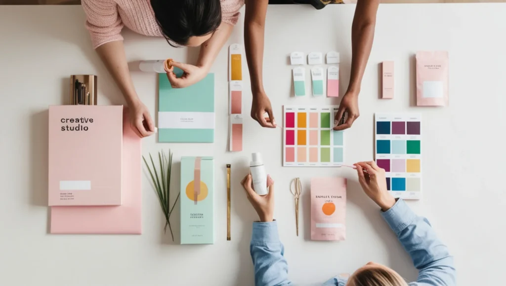 Overhead view of graphic designers collaborating on brand color palettes, packaging, and print materials, showcasing KMP Digital Media's creative graphic design services for every brand