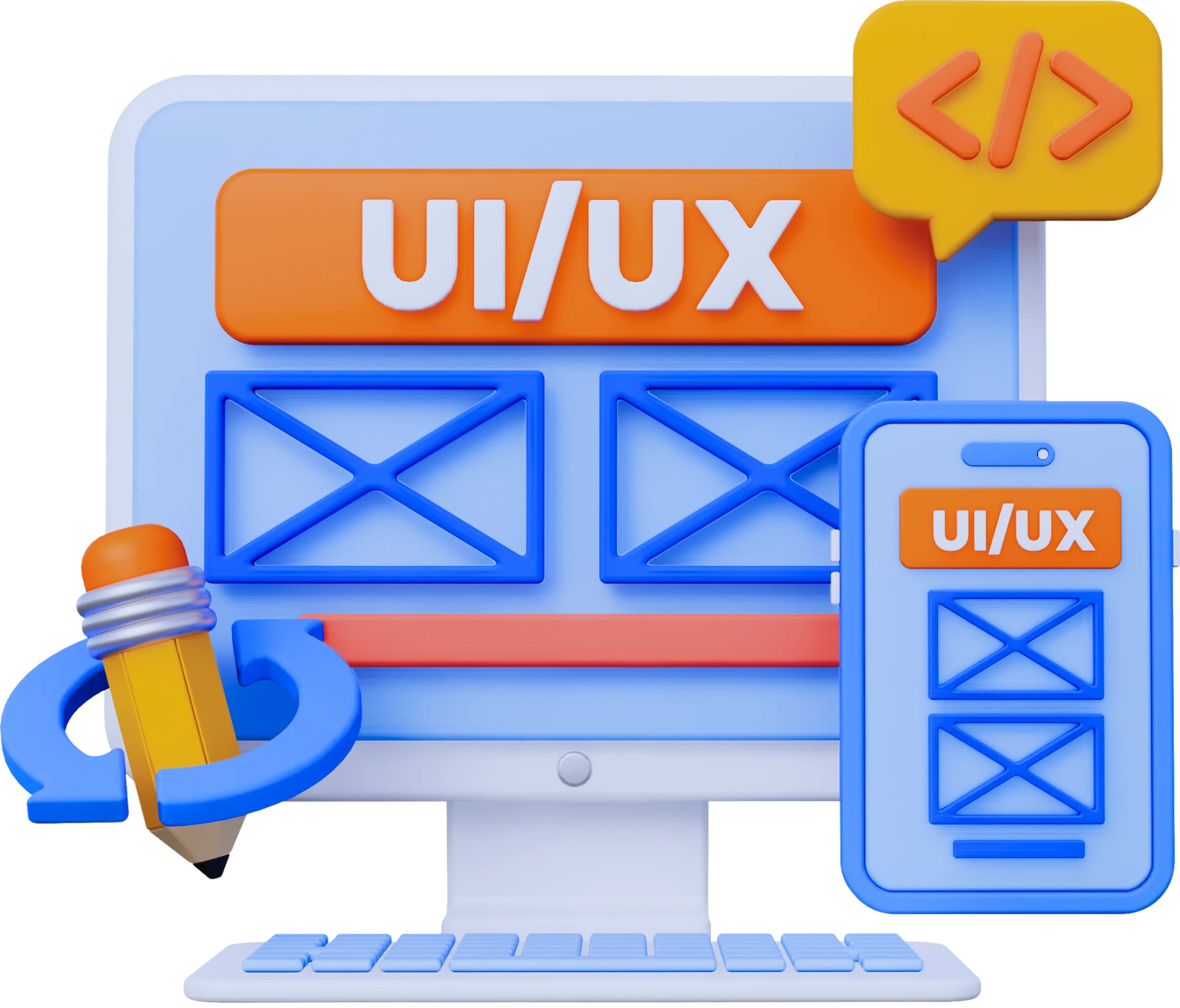 3D illustration of a desktop and mobile screen displaying UI/UX wireframe layouts with a pencil and code icon, representing KMP Digital Media's custom web design and development services for responsive websites