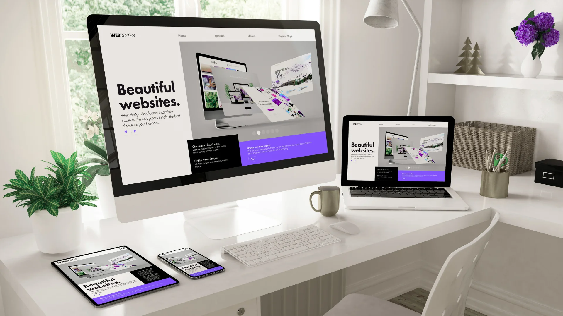 A responsive website design displayed across desktop, laptop, tablet, and mobile devices on a clean white desk, showcasing KMP Digital Media's custom web design and development services for all screen sizes