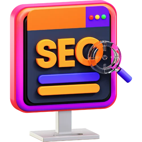 3D illustration of a bold SEO monitor display with a magnifying glass, representing KMP Digital Media's digital marketing services designed to boost search engine visibility and business growth