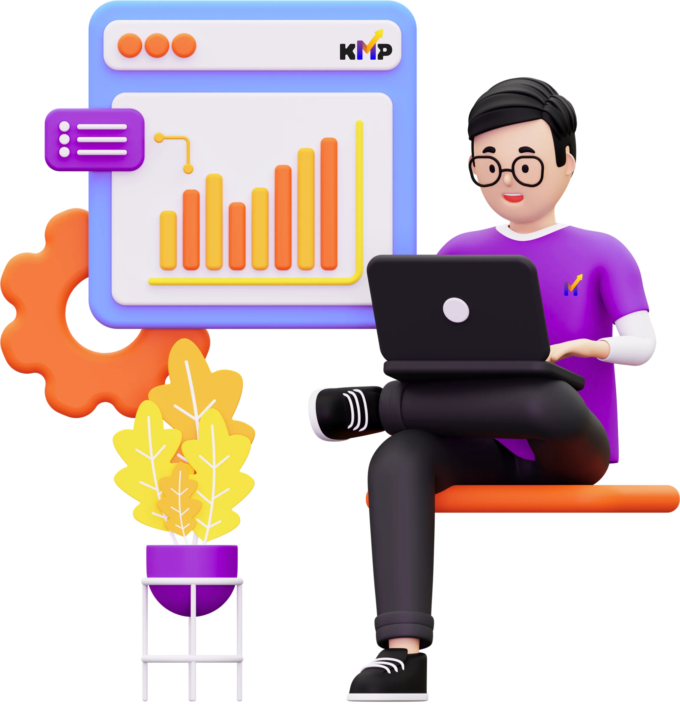 3D illustration of a KMP Digital Media specialist working on a laptop with a growing bar chart dashboard in the background, representing KMP Digital Media's results-driven digital marketing services for business growth
