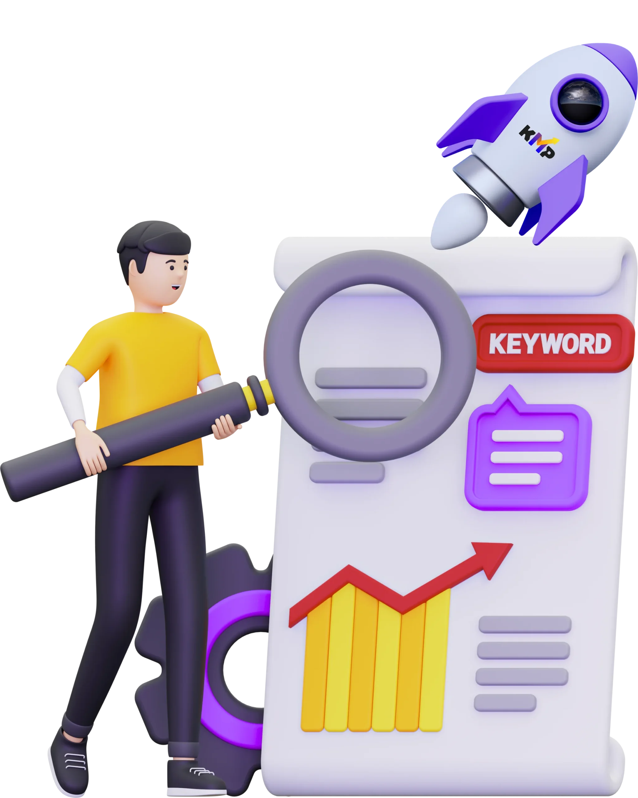 A focused digital marketing specialist analyzing floating UI dashboard elements and data on a monitor, representing KMP Digital Media's SEO services designed to boost online visibility and drive website traffic
