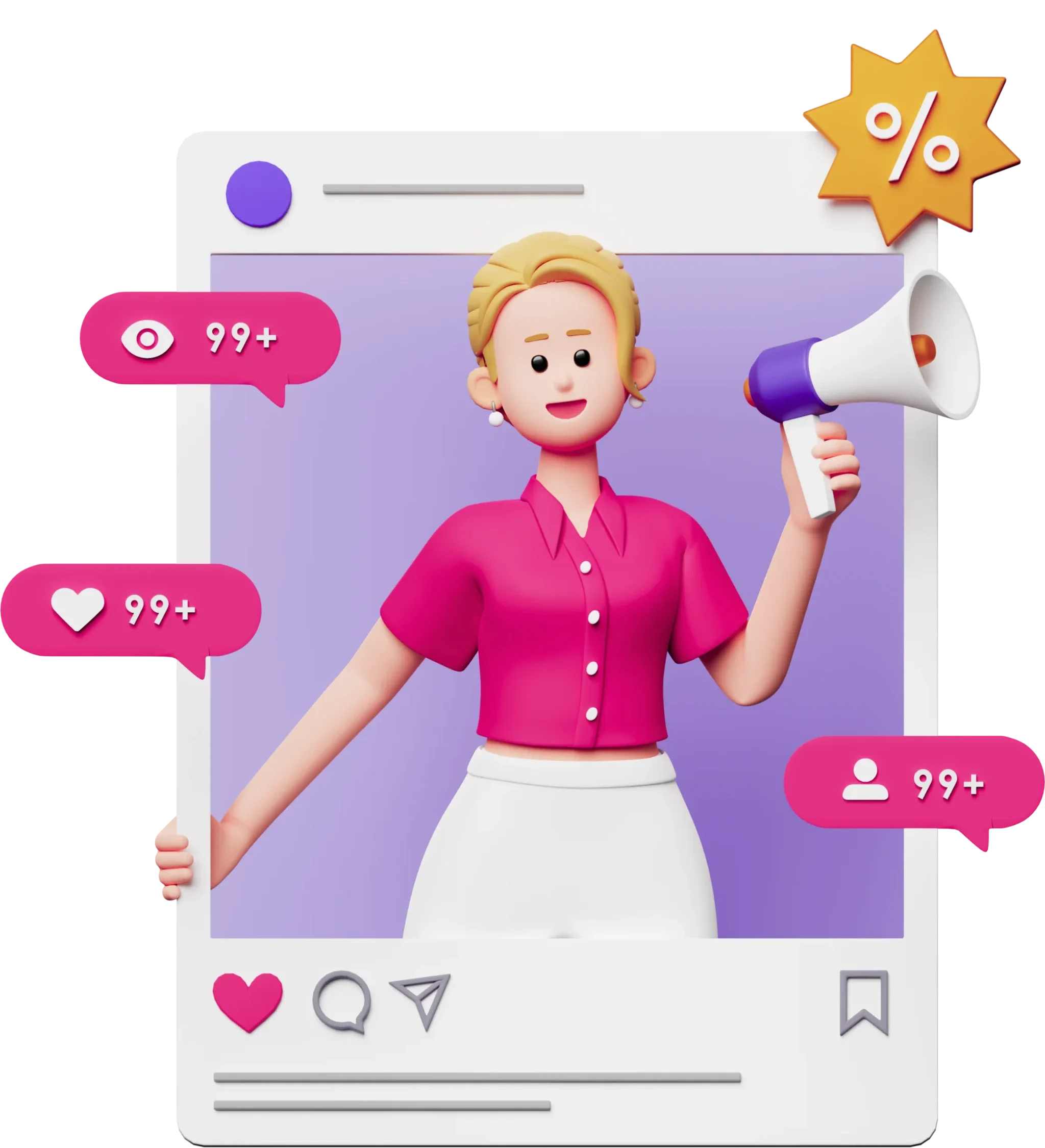 3D illustration of a female influencer holding a megaphone inside a social media post frame with likes, views, and follower notifications, representing KMP Digital Media's social media management services for brand growth